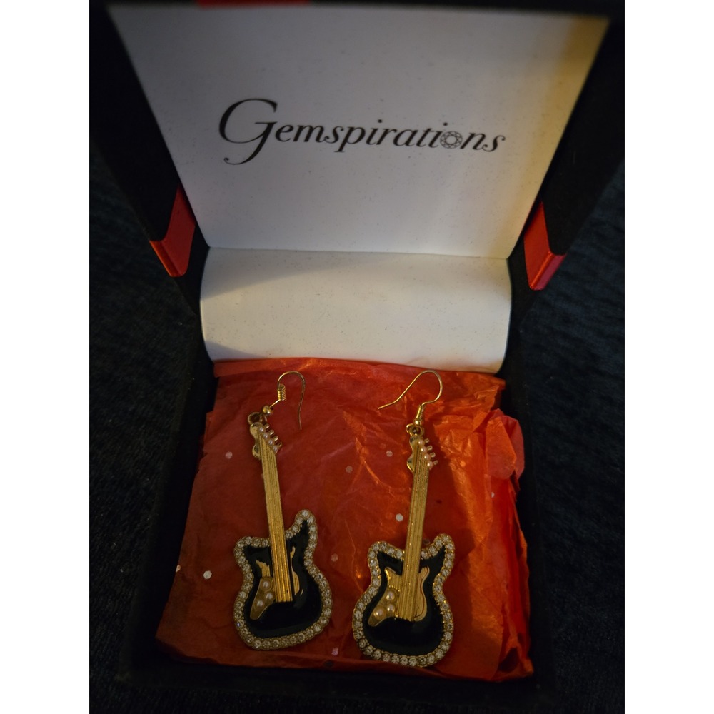 Gemspirations Electric Guitar Dangle Earrings Gold Tone Black‎ Enamel Rhinestone